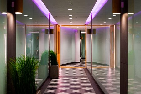 ambient LED lighting in a modern hotel hallway”